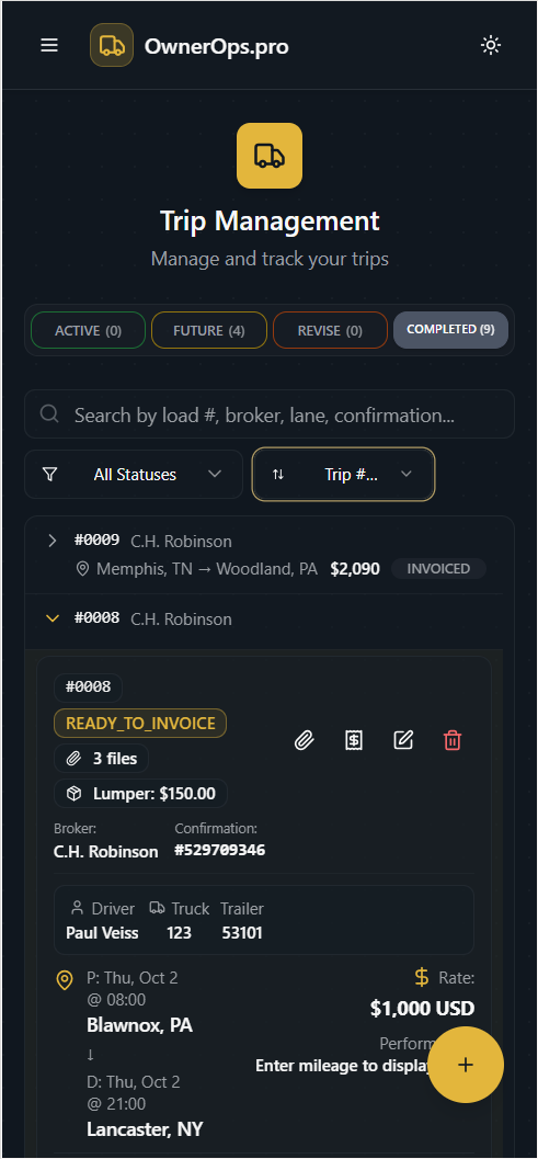 Trip Dashboard showing completed trips